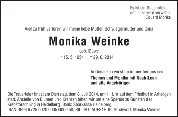 Traueranzeige von Monika Weinke von Echo-Zeitungen (Gesamtausgabe)