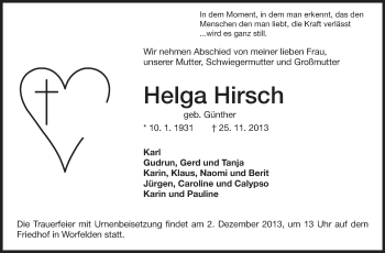 Traueranzeige von Helga Hirsch von Rüsselsheimer Echo, Groß-Gerauer-Echo, Ried Echo