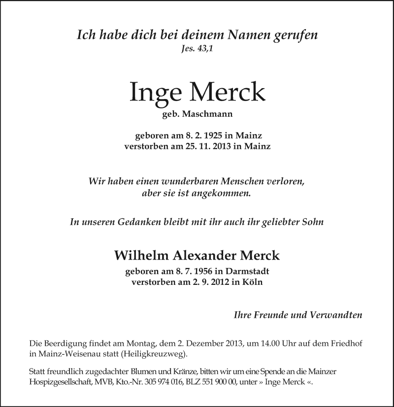  Traueranzeige für Inge Merck vom 29.11.2013 aus Echo-Zeitungen (Gesamtausgabe)
