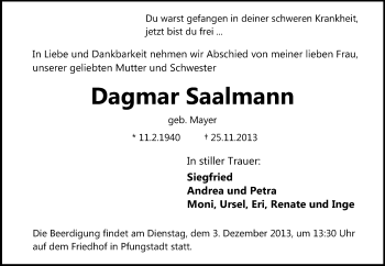 Traueranzeige von Dagmar Saalmann von Echo-Zeitungen (Gesamtausgabe)