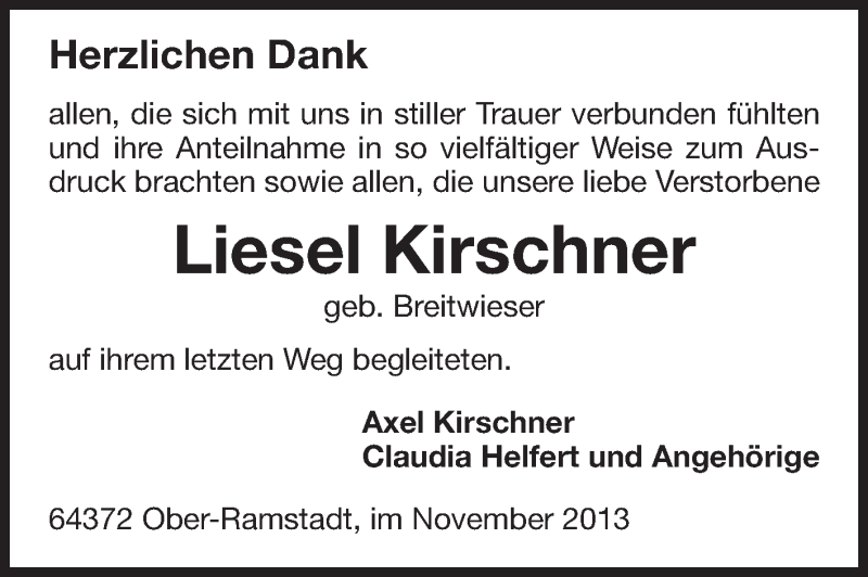  Traueranzeige für Liesel Kirschner vom 30.11.2013 aus Echo-Zeitungen (Gesamtausgabe)
