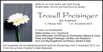 Traueranzeige von Traudl Preisinger von Echo-Zeitungen (Gesamtausgabe)