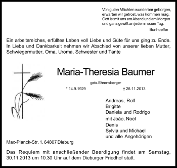 Traueranzeige von Maria-Theresa Baumer von Echo-Zeitungen (Gesamtausgabe)