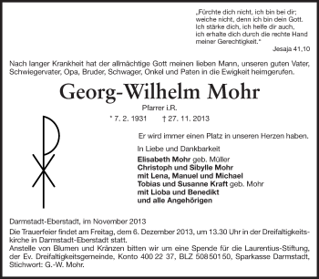 Traueranzeige von Georg-Wilhelm Mohr von Echo-Zeitungen (Gesamtausgabe)