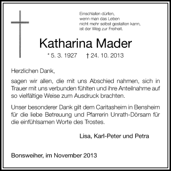 Traueranzeige von Katharina Mader von Starkenburger Echo