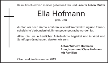 Traueranzeige von Ella Hofmann von Rüsselsheimer Echo, Groß-Gerauer-Echo, Ried Echo