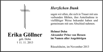 Traueranzeige von Erika Göllner von Rüsselsheimer Echo, Groß-Gerauer-Echo, Ried Echo