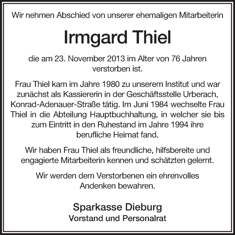  Traueranzeige für Irmgard Thiel vom 30.11.2013 aus Echo-Zeitungen (Gesamtausgabe)