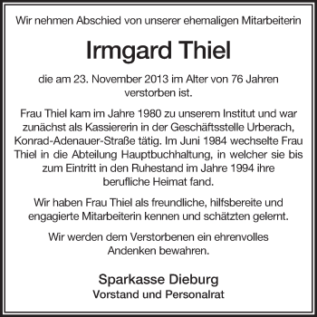 Traueranzeige von Irmgard Thiel von Echo-Zeitungen (Gesamtausgabe)