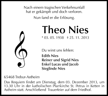 Traueranzeige von Theo Nies von Rüsselsheimer Echo, Groß-Gerauer-Echo, Ried Echo