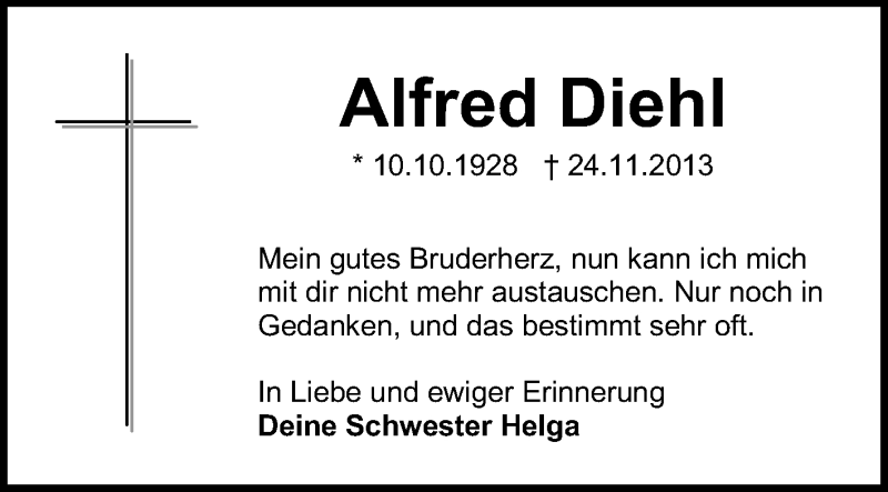  Traueranzeige für Alfred Diehl vom 30.11.2013 aus Echo-Zeitungen (Gesamtausgabe)