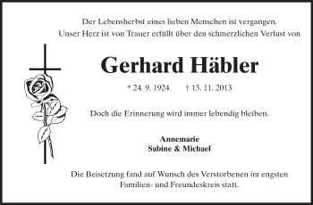 Traueranzeige von Gerhard Häbler von Echo-Zeitungen (Gesamtausgabe)