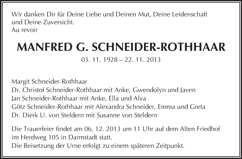  Traueranzeige für Manfred Schneider-Rothhaar vom 30.11.2013 aus Echo-Zeitungen (Gesamtausgabe)