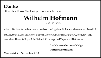 Traueranzeige von Wilhelm Hofmann von Odenwälder Echo