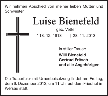 Traueranzeige von Luise Bienefeld von Odenwälder Echo