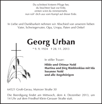 Traueranzeige von Georg Urban von Rüsselsheimer Echo, Groß-Gerauer-Echo, Ried Echo