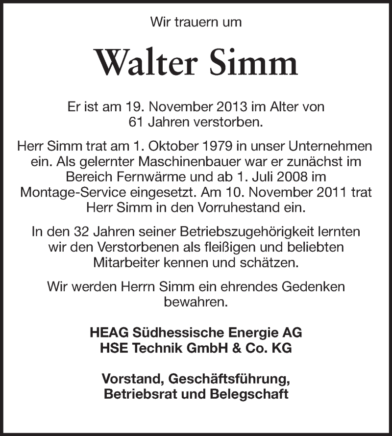  Traueranzeige für Walter Simm vom 07.12.2013 aus Echo-Zeitungen (Gesamtausgabe)