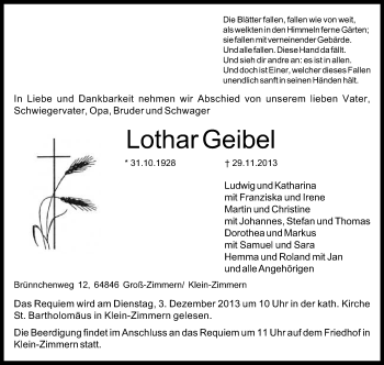 Traueranzeige von Lothar Geibel von Echo-Zeitungen (Gesamtausgabe)