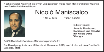 Traueranzeige von Nicoló Maniscalco von Rüsselsheimer Echo, Groß-Gerauer-Echo, Ried Echo