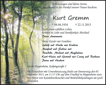Traueranzeige von Kurt Gremm von Starkenburger Echo