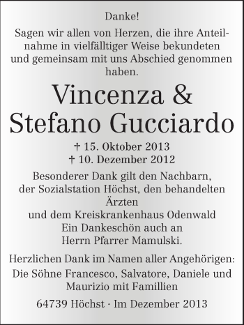 Traueranzeige von Vincenza und Stefano Gucciardo von Odenwälder Echo