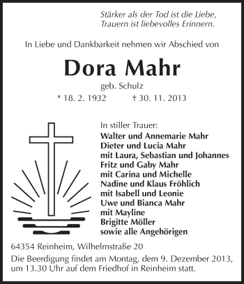 Traueranzeige von Dora Mahr von Darmstädter Echo, Odenwälder Echo, Rüsselsheimer Echo, Groß-Gerauer-Echo, Ried Echo