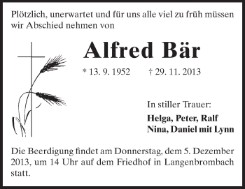Traueranzeige von Alfred Bär von Odenwälder Echo