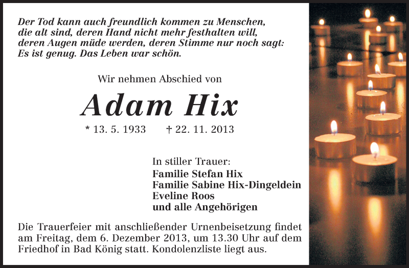  Traueranzeige für Adam Hix vom 04.12.2013 aus Odenwälder Echo