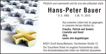 Traueranzeige von Hans-Peter Bauer von Rüsselsheimer Echo, Groß-Gerauer-Echo, Ried Echo