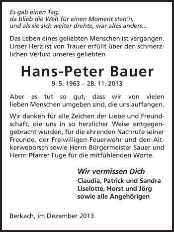 Traueranzeige von Hans-Peter Bauer von Rüsselsheimer Echo, Groß-Gerauer-Echo, Ried Echo