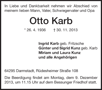 Traueranzeige von Otto Karb von Echo-Zeitungen (Gesamtausgabe)