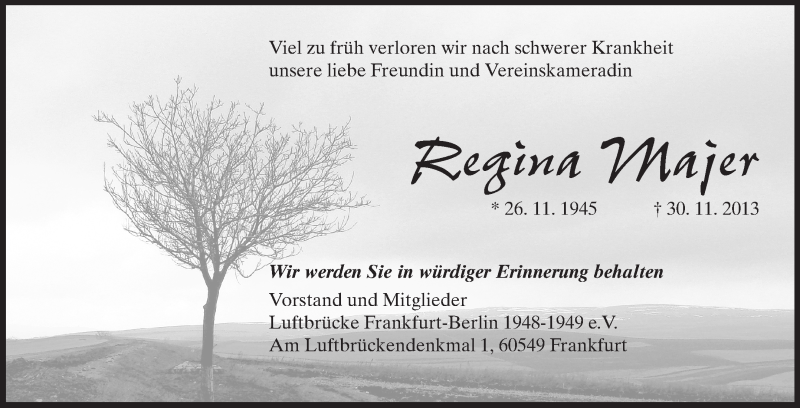  Traueranzeige für Regina Majer vom 03.12.2013 aus Rüsselsheimer Echo, Groß-Gerauer-Echo, Ried Echo