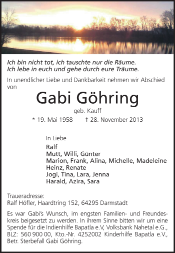 Traueranzeige von Gabi Göhring von Echo-Zeitungen (Gesamtausgabe)