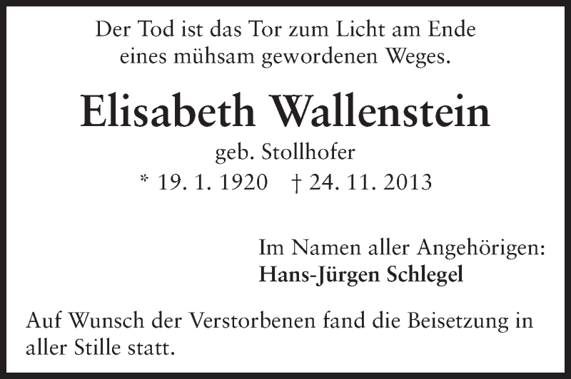  Traueranzeige für Elisabeth Wallenstein vom 07.12.2013 aus Echo-Zeitungen (Gesamtausgabe)