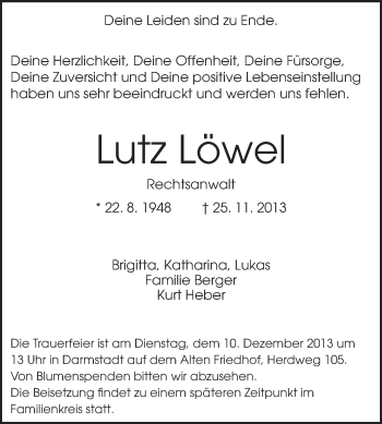 Traueranzeige von Lutz Löwel von Darmstädter Echo, Odenwälder Echo, Rüsselsheimer Echo, Groß-Gerauer-Echo, Ried Echo