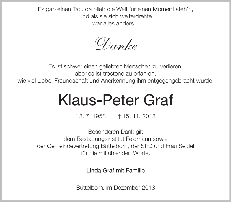  Traueranzeige für Klaus-Peter Graf vom 05.12.2013 aus Rüsselsheimer Echo, Groß-Gerauer-Echo, Ried Echo
