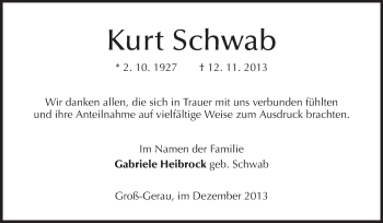 Traueranzeige von Kurt Schwab von Rüsselsheimer Echo, Groß-Gerauer-Echo, Ried Echo