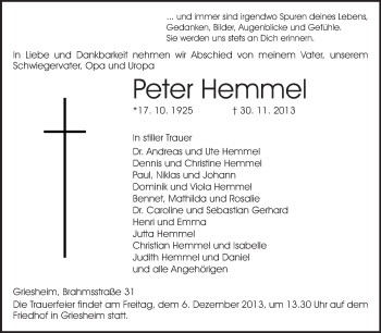 Traueranzeige von Peter Hemmel von Echo-Zeitungen (Gesamtausgabe)