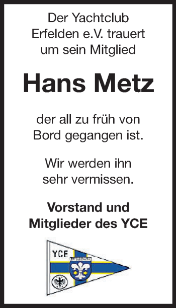 Traueranzeige von Hans Metz von Rüsselsheimer Echo, Groß-Gerauer-Echo, Ried Echo