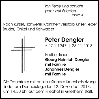 Traueranzeige von Peter Dengler von Echo-Zeitungen (Gesamtausgabe)