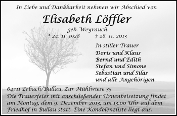 Traueranzeige von Elisabeth Löffler von Odenwälder Echo