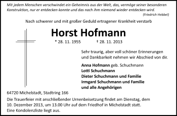 Traueranzeige von Horst Hofmann von Odenwälder Echo