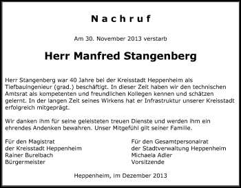 Traueranzeige von Manfred Stangenberg von Starkenburger Echo