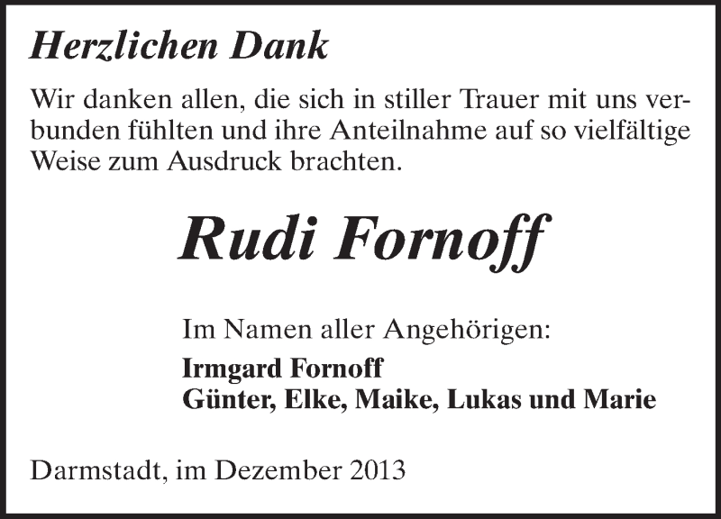  Traueranzeige für Rudi Fornoff vom 07.12.2013 aus Echo-Zeitungen (Gesamtausgabe)
