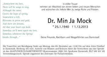 Traueranzeige von Min Ja Mock von Echo-Zeitungen (Gesamtausgabe)