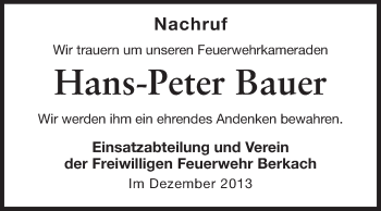 Traueranzeige von Hans-Peter Bauer von Rüsselsheimer Echo, Groß-Gerauer-Echo, Ried Echo