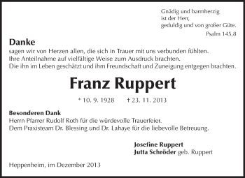 Traueranzeige von Franz Ruppert von Starkenburger Echo