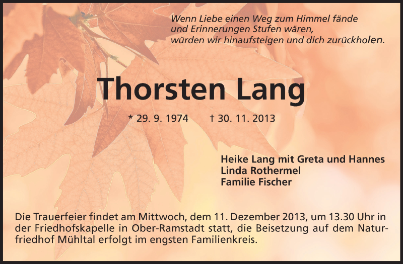  Traueranzeige für Thorsten Lang vom 07.12.2013 aus Echo-Zeitungen (Gesamtausgabe)