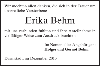 Traueranzeige von Erika Behm  von Echo-Zeitungen (Gesamtausgabe)