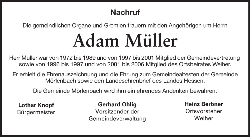  Traueranzeige für Adam Müller vom 05.12.2013 aus Starkenburger Echo